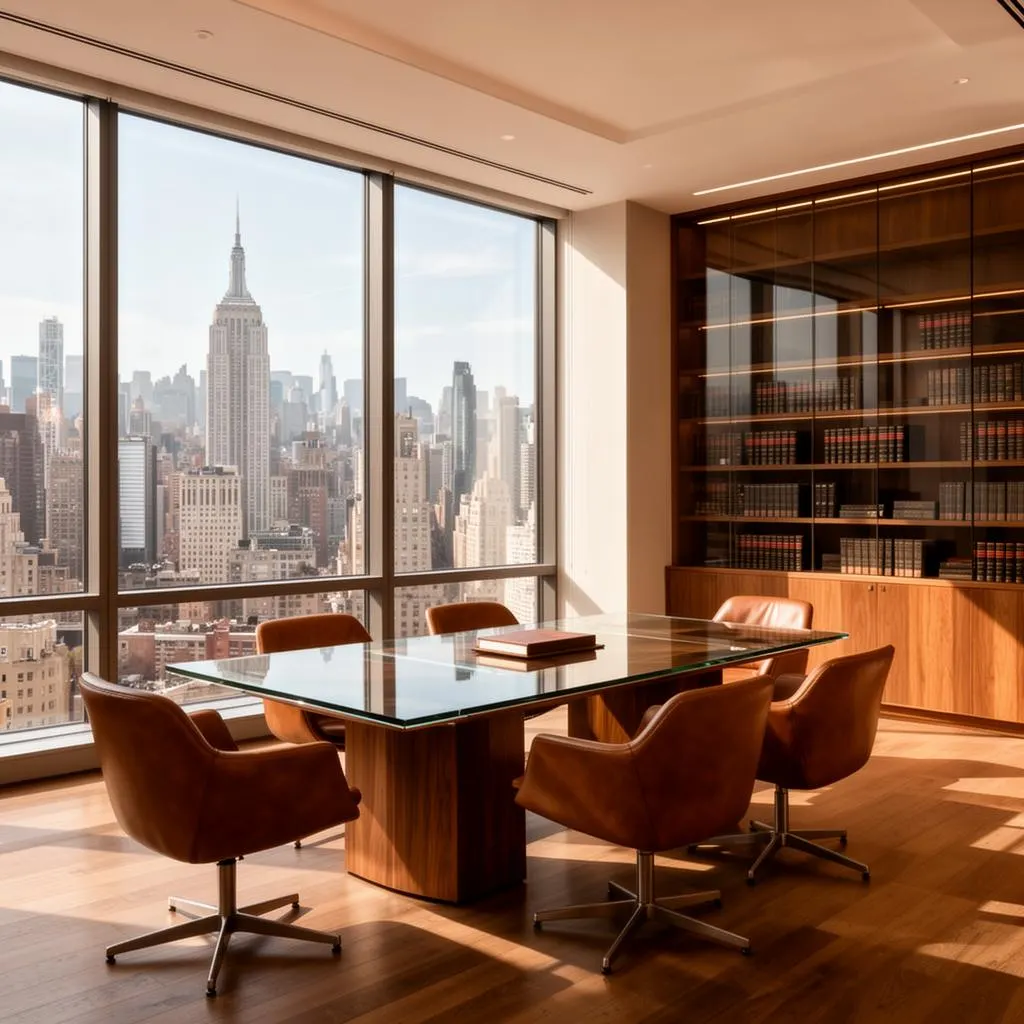 NYC law firm conference room overlooking the Manhattan skyline